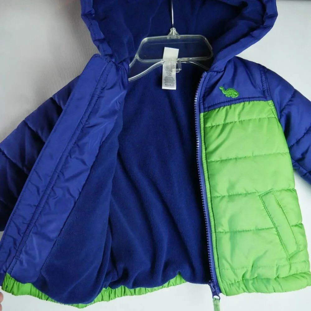 Little Me Baby Boys' 12M Quilted Puff Jacket Green Fleece Lined Front Zip Hood